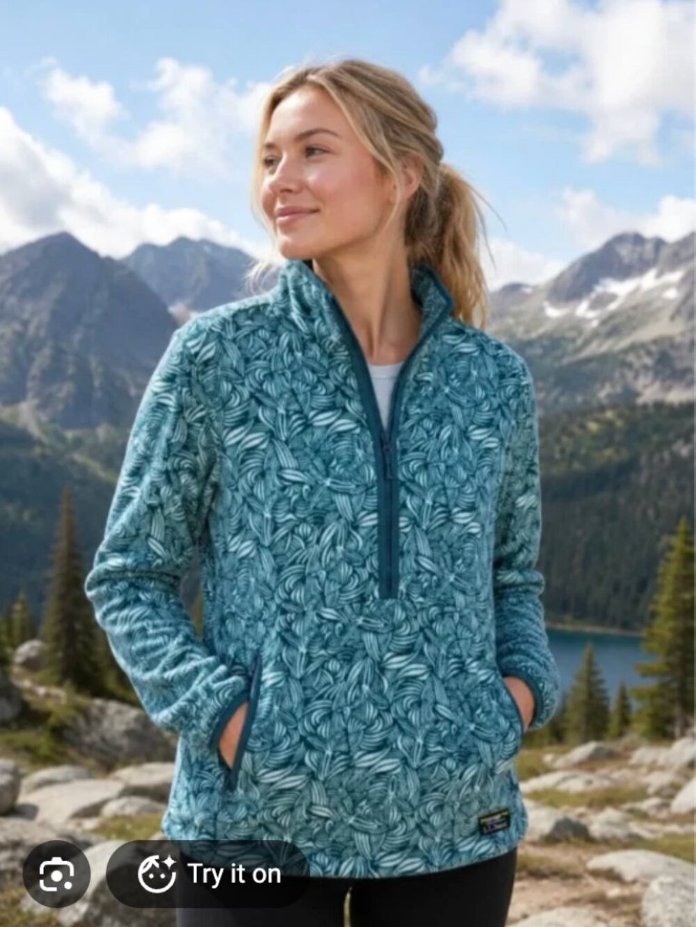 LL Bean Sweater Fleece Quarter Zip Pullover Womens M Teal Swirl Pockets Hiking